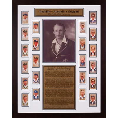 Framed Presentation of the Bodyline Series with 22 Players Cigarette Cards