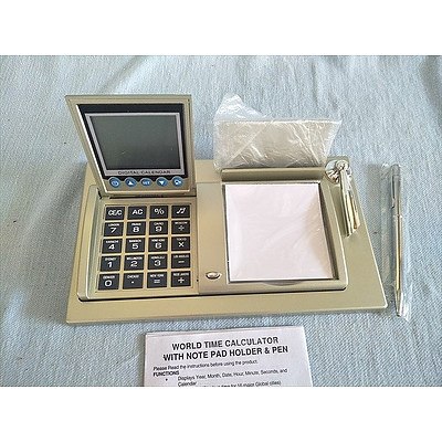 World time calculator with notepad holder and pen (NEW in box)