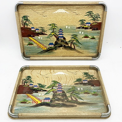Pair of Japanese Hand Painted Wooden Serving Trays