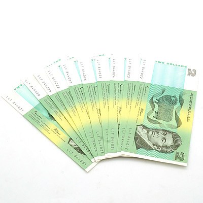 Ten Consecutively Numbered Australian Johnston/ Fraser $2 Notes, LLF844022-LLF844031