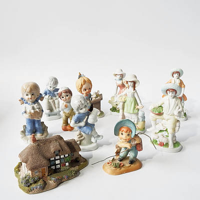 Ten Ceramic Figures of Children and Lilliput Village Minature Cottage