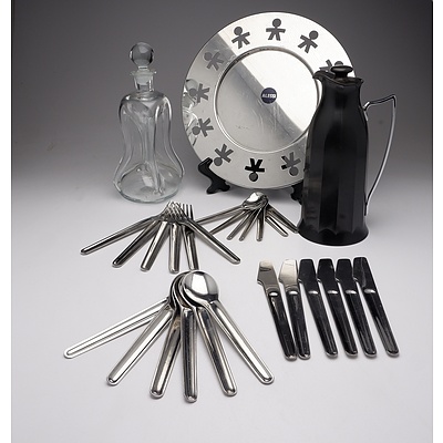 Kluk Kluk Glass Decanter, Alessi Aluminum Platter, Vintage Thermos Jug and 25 Pieces of Qantas Stainless Steel Flatware by Marc Newson