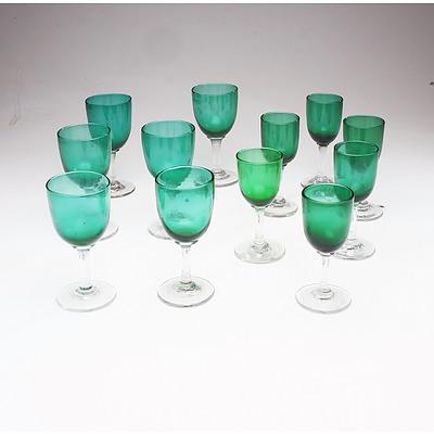 Eighteen Green Hand Blown Stem Ware Glasses