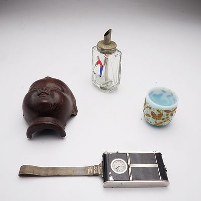 Bakelite Dolls Head, Tirol Syrup Jug, Blue Glass Cup, Foreign Cigarette Case with Clock