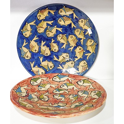 Two Turkish Glazed Ceramic Plates with Fish Motif