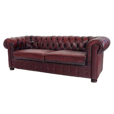 Burgundy Leather Upholstered Three Seater Chesterfield Lounge