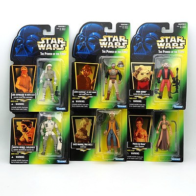 Six Kenner 1996 and 1997 Star Wars The Power of the Force Figures with Foil Stickers, Including Princess Leia Organa, Saelt Marae, Luke Skywalker in Hoth Gear and More , New Old Stock