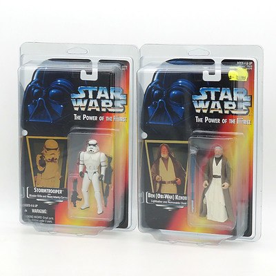 Two Kenner 1995 Star Wars Figures, Obi Wan and Stormtrooper with Foil Sticker, New Old Stock