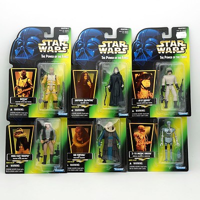 Six Kenner 1996 Star Wars The Power of the Force Figures with Foil Stickers, Including Emperor Palpatine, Bossk, Bib Fortuna and More , New Old Stock