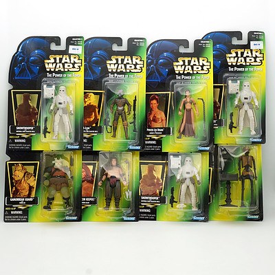 Eight Kenner 1997 Star Wars The Power of the Force Figures with Foil Stickers, Including Leia, Gamorrean Guard, Ranncor Keeper and More , New Old Stock