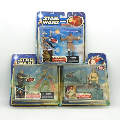  Hasbro 2002 Star Wars Attack of the Clones Anakin Skywalker, Mace Windu and Obi Wan Kenobi , New Old Stock