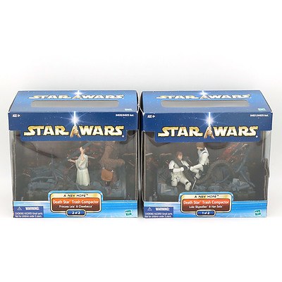 Hasbro 2002 Star Wars A New Hope Death Star Trash Compactor Sets I and II, Princess Leia and Chewbacca, and Luke Skywalker and Han Solo, New Old Stock