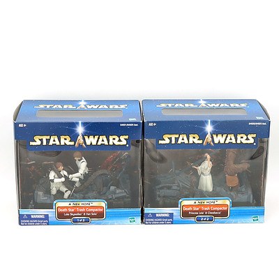 Hasbro 2002 Star Wars A New Hope Death Star Trash Compactor Sets I and II, Princess Leia and Chewbacca, and Luke Skywalker and Han Solo, New Old Stock