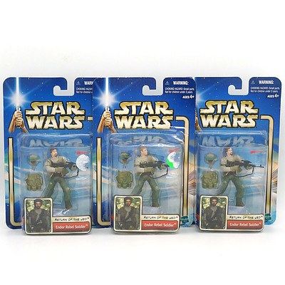 Three Hasbro 2002 Star Wars Retuen of the Jedi Collection Two Endor Rebel Soldier Including Beard and No Beard Variation, New Old Stock