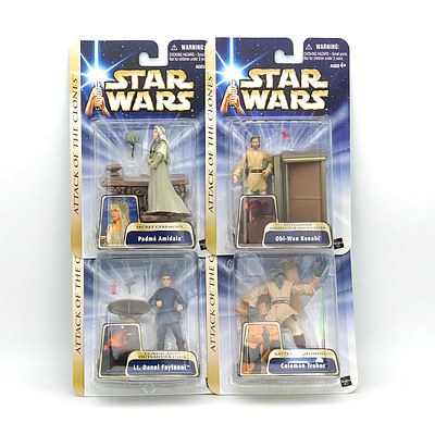 Hasbro 2003 Star Wars Attack of the Clones Obi Wan, Padme Amidala, Coleman Trebor and Lt Dannl Faytonni, New Old Stock