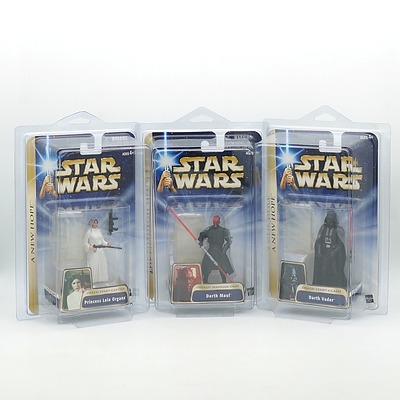 Three Hasbro 2004 Star Wars A New Hope Figures, Including Darth Maul, Princess Leia Organa and Darth Vader, New Old Stock