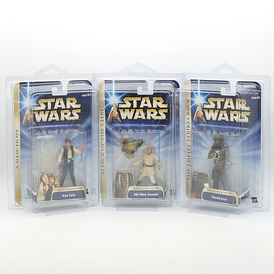 Three Hasbro 2004 Star Wars Figures, Including Han Solo, Obi Wan, Chewbacca, New Old Stock
