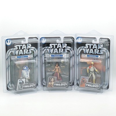 Three Hasbro 2004 Star Wars The Original Trilogy Collection Figures, Including Princess Leia, R2-D2, and Cloud Car Pilot, New Old Stock