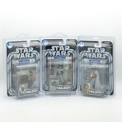 Three Hasbro 2004 Star Wars The Original Trilogy Collection Figures, Including Han Solo, Yoda, Lando Calrissian, New Old Stock