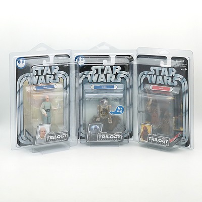 Three Hasbro 2004 Star Wars The Original Trilogy Collection Figures, Including Jawas, R2-D2, and Lobot New Old Stock