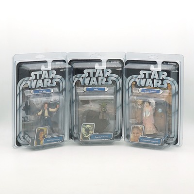 Three Hasbro 2004 Star Wars Figures, Including Queen Armidala, Han Solo, and Yoda, New Old Stock