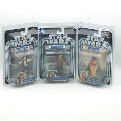 Three Hasbro 2004 Star Wars Figures, Including Rabe, Yarua, and Han Solo, New Old Stock