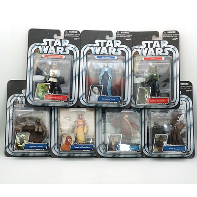 Seven Hasbro 2004 Star Wars Figures, Including Yoda, Rabe, Yarua, and More, New Old Stock