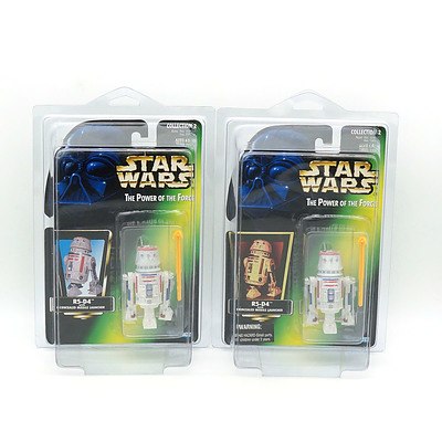 Two Kenner 1996 Star Wars The Power of the Force R5-D4, One with Foil Sticker and L Shaped Button Variation, New Old Stock
