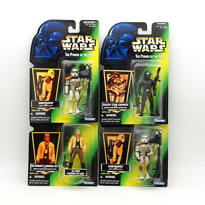 Four Kenner 1996 Star Wars The Power of the Force Figures with Foil Stickers, Incuding Luke Skywalker in Cerimonal Outfit, New Old Stock