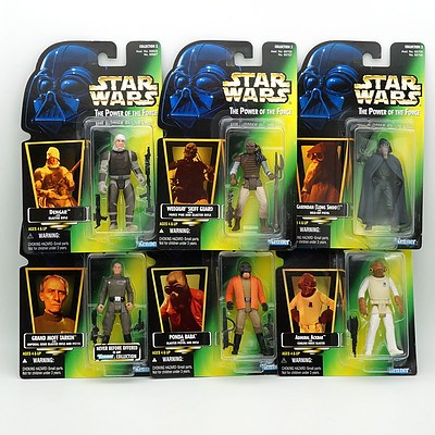 Six Kenner 1996 Star Wars The Power of the Force Green Card Figures with Foil Stickers, Incuding Grand Moff Tarkin, New Old Stock