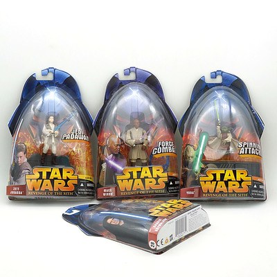 Hasbro 2005 Star Wars Revenge of the Sith Mace Windu, Yoda, Zett Jukassa, and Anakin Skywalker, New Old Stock