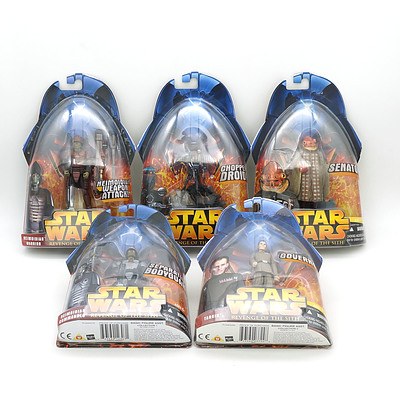 Five Hasbro 2005 Star Wars Revenge of the Sith Figures, Including 37, 47, 45, 42 and 63, New Old Stock
