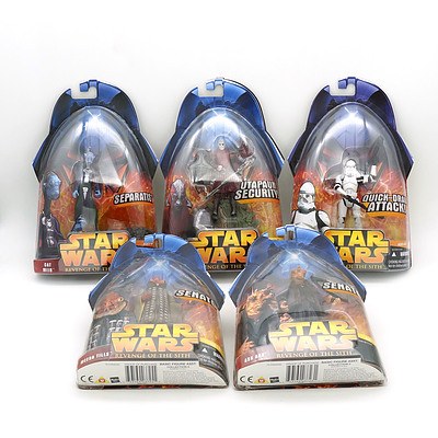 Five Hasbro 2005 Star Wars Revenge of the Sith Figures, Including 6, 46, 47, 53 and 62, New Old Stock