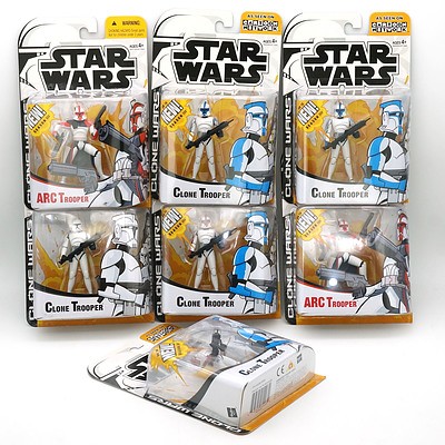 Seven Hasbro 2005 Star Wars Clone Wars Cartoon Network Clone and ARC Trooper, New Old Stock