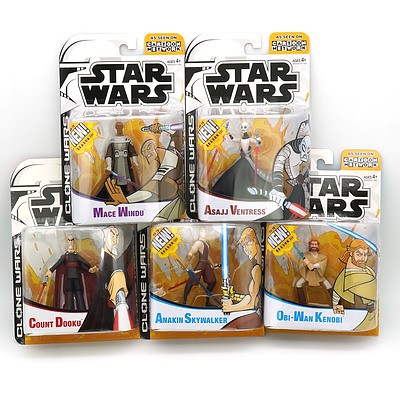 Five Hasbro 2005 Star Wars Clone Wars Cartoon Network Figures, Including Dooku, Skywalker, Kenobi, Windu and Ventress, New Old Stock