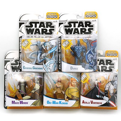 Five Hasbro 2005 Star Wars Clone Wars Cartoon Network Figures, Including Durge, Grievous, Kenobi, Windu and Ventress, New Old Stock