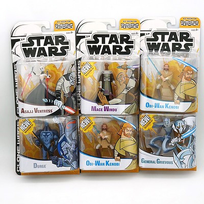 Six Hasbro 2005 Star Wars Clone Wars Cartoon Network Figures, Including Durge, Grievous, Kenobi (2), Windu and Ventress, New Old Stock