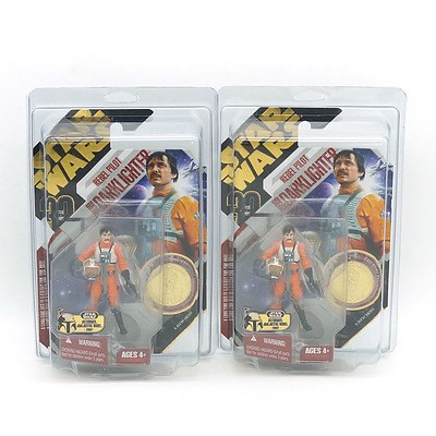 Two Hasbro 2007 Star Wars Rebel Pilot Biggs Darklighter with Collector Coin, Ultimate Galactic Hunt 2007, New Old Stock
