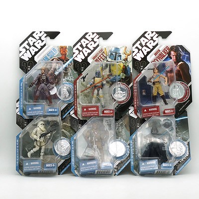 Six Hasbro 2007 Star Wars Figures with Exclusive Collector Coin, Including Concept Han Solo, Animated Debut Boba Fett, Anakin Skywalker and More, New Old Stock