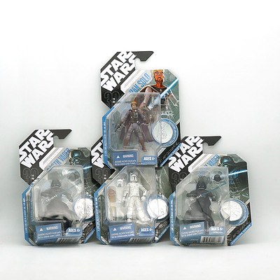 Four Hasbro 2007 Star Wars Figures with Exclusive Collector Coin, Including Concept Darth Vader, Concept Han Solo, and Concept Boba Fett and More, New Old Stock