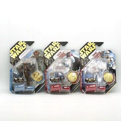 Three Hasbro 2007 Star Wars Figures with Exclusive Collector Coin, Ultimate Galactic Hunt 2007, New Old Stock