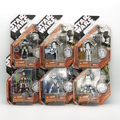 Six Hasbro 2007 Star Wars Saga Legends Figures with Exclusive Collector Coin, Including Biker Scout, Clone Commander501st Legion Trooper and More, New Old Stock