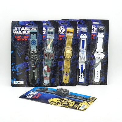 Six Lucasfilm / Playworks 1996 Star Wars Flip Top Watches, New Old Stock