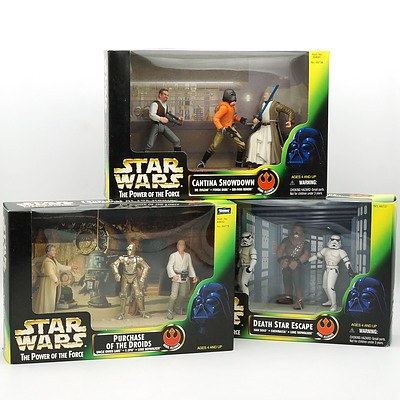 Three Kenner 1997 Star Wars Death Star Escape, Purchase of the Droids and Catina Showdown, New Old Stock