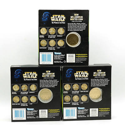 Three Kenner 1997 Star Wars The Power of the Force Limited Edition New Millennium Coin Collection, Snowtrooper, Han Solo and Chewbacca, New Old Stock