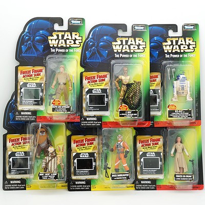 Six Kenner 1997 Star Wars The Power of the Force Figures with Freeze Frame Action Slide, Includes C-3PO, R2-D2, Ewoks and More, New Old Stock