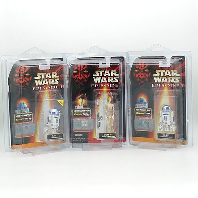 Three 1998 Hasbro Star Wars Episode I Figures with Commtech Chip, Including R2-D2 and OOM-9, Red Card, New Old Stock