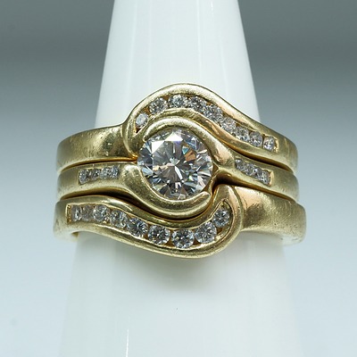 18ct Yellow Gold Triple Band Ring with Round Brilliant Cut Diamond 0.77ct at Centre, 15.7g
