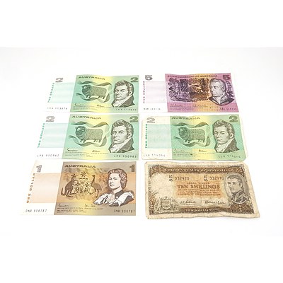 Group of Australian Notes, Including Coombs/ Randall $5 Note NAK369736, Coombs/Wilson Ten Shillings AC45332970 and More