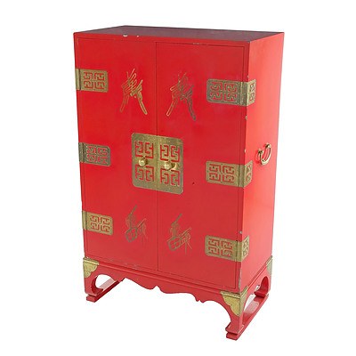 Nice Asian Red Lacquer Cabinet with Brass Mounts